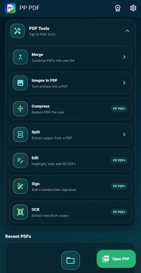 PP PDF document tools screen