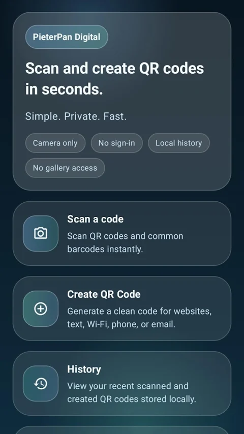 QR Code Tool home screen with scan, create and history